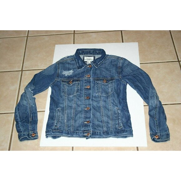 Forever 21 jean jacket womens small distressed denim blue button up - Picture 1 of 7